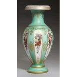 A FRENCH OVERLAY GLASS VASE, C1860 in opal cased in green with turnover rim, painted with