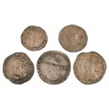 GREAT BRITAIN. HAMMERED SILVER, JAMES I Shilling, Sixpence, Charles I, Shillings (3), various grades