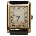 A 9CT GOLD TANK WRISTWATCH 23 x 30mm, Convention marked++Dial paint stained and flaking, movement in