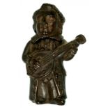 A GERMAN CAST IRON STANDING MUSICIAN FIGURAL VESTA CASE, LATE 19TH C the head forming the lid, 7.5cm