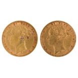 GOLD COINS. SOVEREIGN 1873S & 1874M ST GEORGE REVERSE F-VF (2)++++