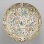 A CANTON FAMILLE ROSE DISH, 19TH C enamelled with four principal panels of birds on a branch, 33.5cm