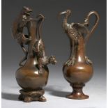 ANIMALIER SCULPTURE. TWO FRENCH FIN DE SIECLE ZOOMORPHIC BRONZE EWERS, C1890 of bottle shape,