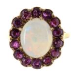 AN OPAL AND RUBY CLUSTER 9CT GOLD RING. LONDON 1978, 5.26G, SIZE O ++GOOD CONDITION