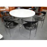 A SET OF SIX ARPER CHROMIUM PLATED METAL AND BLACK LEATHER DINING CHAIRS, 78CM H AND A ROUND WHITE