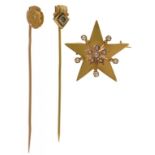 LATE VICTORIAN, TWO STICK PINS, AND A PEARL & GOLD STAR BROOCH, 4G