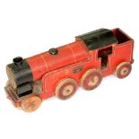 A LINES BROTHERS RED PAINTED WOOD PUFF-PUFF PULL ALONG TOY LOCOMOTIVE, 66CM L