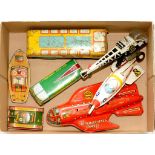 SEVEN VARIOUS BRITISH AND JAPANESE TINPLATE TOYS, INCLUDING TWO AIRCRAFT, MOSTLY FRICTION POWERED,