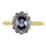 A SAPPHIRE & DIAMOND CLUSTER OVAL RING, MILLE GRAINE SET, MARKED 18CT GOLD AND PLAT, 3G, SIZE M,
