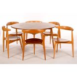 HANS WEGNER. A SET OF SIX DANISH TEAK HEART DINING CHAIRS, M. FH-4103 AND A ROUND DINING TABLE,