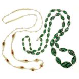 A VENETIAN GLASS MILLIFIORI NECKLACE, AND ANOTHER GLASS BEAD NECKLACE, PAINTED UPON, BOTH L 40CM ++