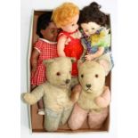 THREE VARIOUS VINTAGE PLASTIC AND RUBBER CHARACTER DOLLS AND TWO CONTEMPORARY MID 20TH C TEDDY BEARS