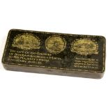 A WORLD WAR ONE BLACK AND GILT LITHOGRAPHED TINPLATE CHOCOLATE TIN, INSCRIBED THE GIFT OF THE