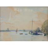 FRANK SHERWIN, RIVER SCENE WITH SAILING BARGE, SIGNED, INSCRIBED ON THE MOUNT THE THAMES AT BOURNE