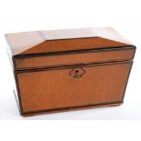A 19TH C INLAID MAHOGANY TEA CADDY OF SARCOPHAGUS SHAPE, WITH FITTED INTERIOR, 28CM W