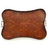 AN EDWARD VII INLAID MAHOGANY GALLERY TRAY WITH BRASS HANDLES, 56CM W