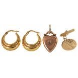MISC. 9CT GOLD JEWELLERY, INC. PAIR OF ITALIAN UNOAERRE EARRINGS. AN UNMARKED GOLD AND DIAMOND HEART