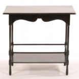 AN ENGLISH AESTHETIC EBONISED OCCASIONAL TABLE, ON SLENDER TURNED LEGS WITH STRETCHERS AND