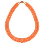 A CORAL BEAD NECKLACE WITH A SILVER AND CORAL SET CLASP, 54G