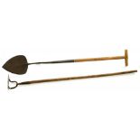 A 19TH C FORGED IRON SPADE WITH WOOD HANDLE AND A CONTEMPORARY HOE (2)