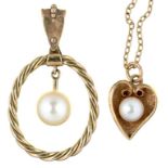 TWO PEARL SET 9CT GOLD PENDANTS, AND A GOLD CHAIN, 6.5G