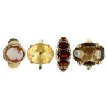 FOUR GEM SET RINGS IN GOLD, MARKED 9CT, 15.7G, SIZES K, M & N