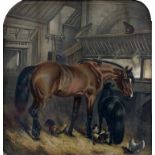 A VICTORIAN CHROMOLITHOGRAPH OF A STABLE INTERIOR, 38 X 38CM