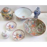 A GROUP OF CHINESE PORCELAIN, INCLUDING A CANTON FAMILLE ROSE BOWL, A CHINESE IMARI BOWL, TWO JARS