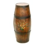 AN IRON BOUND BARREL PAINTED WITH A COAT OF ARMS, 68CM H