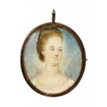 ENGLISH SCHOOL, LATE 18TH CENTURY - A LADY, IVORY, OVAL, 35 X 29MM, GOLD LOCKET, THE BACK ENGRAVED