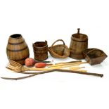 MISCELLANEOUS RURAL BYGONES, INCLUDING IRON BOUND BARRELS, FARMING TOOLS, ETC