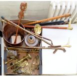 MISCELLANEOUS COPPER AND BRASS WARE, WALKING STICKS, ETC