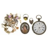 A SILVER LEVER WATCH BY J.G. GRAVES, SHEFFIELD, 125G, MISCELLANEOUS GOLD JEWELLERY, 5.3G, AND