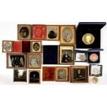 SMALL COLLECTION OF VICTORIAN AMBROTYPE PHOTOGRAPHS, COMMEMORATIVE MEDALS, ETC