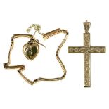 A 9CT GOLD CROSS, AND A BRACELET AND LOCKET CHARM IN GOLD, 16.5G