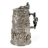 A VICTORIAN SILVER PLATED COPPER ELECTROTYPE FLAGON, OF TAPERED OVAL SHAPE, THE SIDES DECORATED WITH