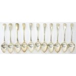 ELEVEN GEORGE III - VICTORIAN SILVER DESSERT SPOONS, OLD ENGLISH AND FIDDLE PATTERN, LONDON AND