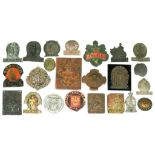 A COLLECTION OF 19TH C ENGLISH LEAD, COPPER AND OTHER EMBOSSED METAL FIREMARKS, APPROXIMATELY 20