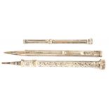 A VICTORIAN SILVER PENCIL, 10CM L, BIRMINGHAM 1895, ANOTHER, SMALLER, MARKED S MORDAN AND CO AND A