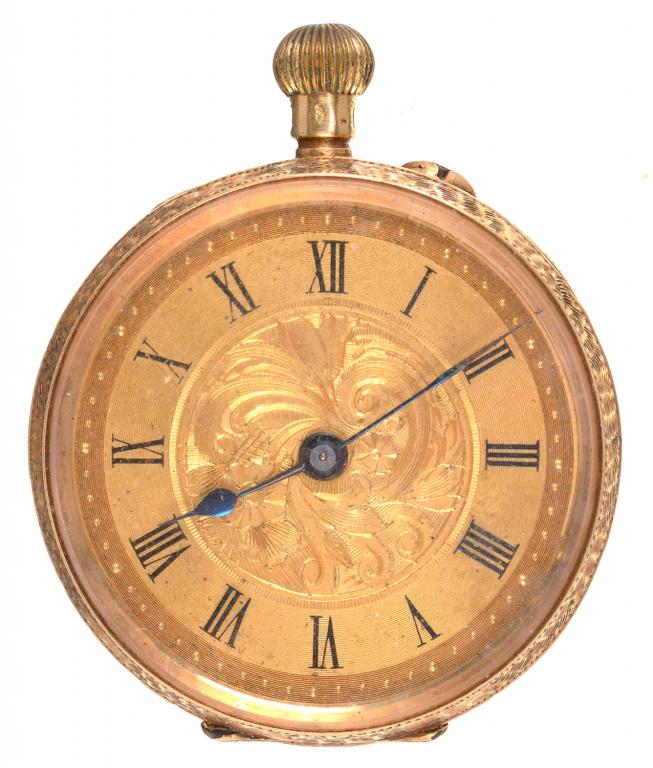 A GOLD KEYLESS FOB WATCH, MARKED 18K, 30MM D, 27.5G++SLIGHT WEAR TO DIAL COVER