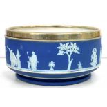 AN EPNS MOUNTED WEDGWOOD BLUE DIP STONEWARE SALAD BOWL, SPRIGGED WITH CLASSICAL FIGURES, IMPRESSED