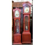 TWO REPRODUCTION RED STAINED WOOD LONGCASE CLOCKS, 196CM H AND A DWARF OAK LONGCASE CLOCK, C1930,