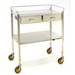 A STAINLESS STEEL MEDICAL TROLLEY, WITH TWO DRAWERS, 79CM W