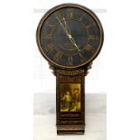 AN ENGLISH JAPANNED TAVERN TIMEPICE THE WOODEN DIAL INSCRIBED MASON CHESTERFIELD WITH 19TH C BRASS