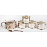 AN EDWARD VIII OBLONG SILVER MUSTARD POT, BLUE GLASS LINER, 4.5CM H, SHEFFIELD 1936 AND A SET OF