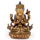 A SINO-TIBETAN GILT BRONZE SCULPTURE OF AVALOKITESHVARA, PARTLY OVERPAINTED, BASE SEALED, 13CM H