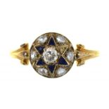 A DIAMOND AND ENAMEL RING IN GOLD, UNMARKED, 3G, SIZE N++ENAMEL WORN ON ONE OF THE TRIANGULAR