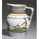 A PRATTWARE WOODCOCK SHOOTING JUG, C1800, moulded to each side with one or two sportsmen and three