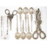 A SET OF SIX EDWARD VII SILVER COFFEE SPOONS, REPLICAS OF THE ANOINTING SPOON AND A PAIR OF SUGAR