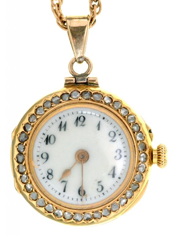 A DIAMOND SET LADY'S FOB WATCH IN GOLD, MARKED 18CT, REF: 13961, 23MM DIAM, ON A GOLD CHAIN, 62CM L,